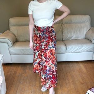 Coldwater Creek red floral asymmetrical skirt.